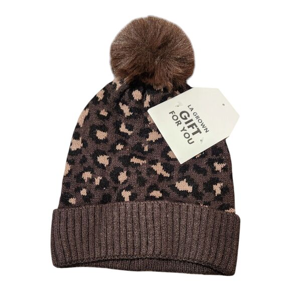 LA Grown Knit Pom-Pom Beanie Hat Animal Print Brown Black One Size Winter Cap - Picture 1 of 4
